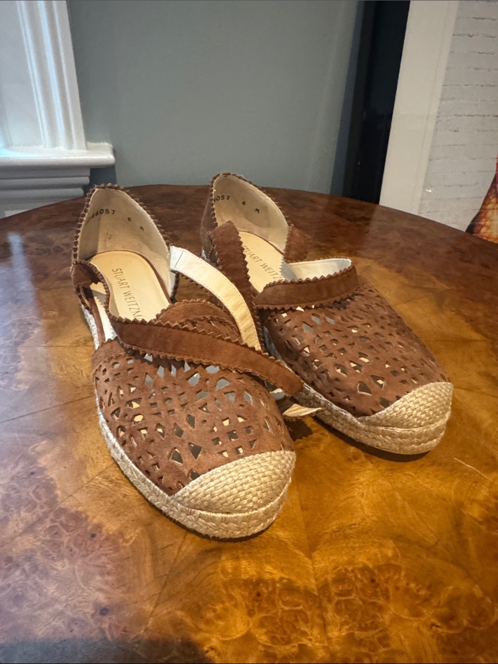 Stuart Weitzman Brown Suede Laser-Cut Espadrille Slingbacks